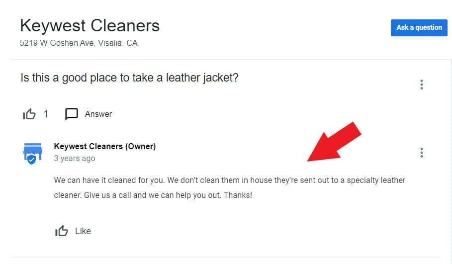 Dry cleaning business owner responding to a potential customer's question