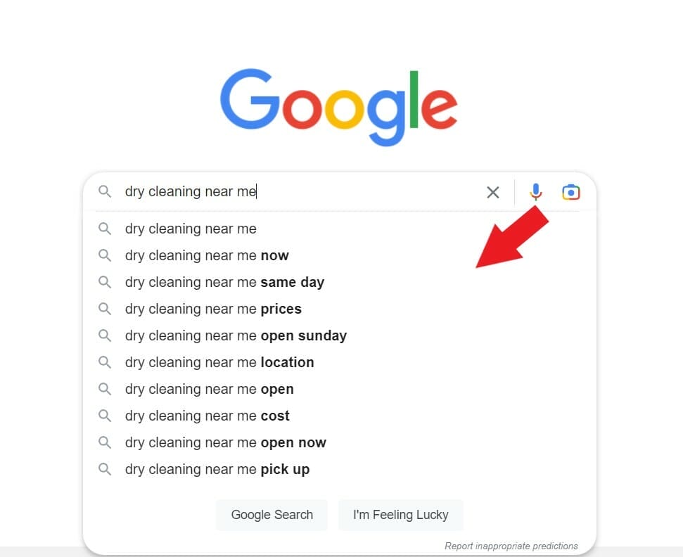 Auto complete suggestions for the keyword dry cleaning near me