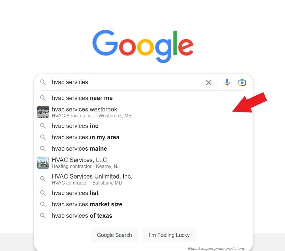 Google's Auto-complete suggestions for the keyword HVAC services