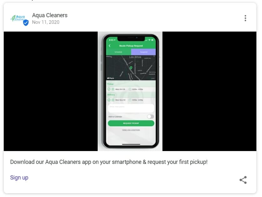 Google Post about installing a dry cleaning app