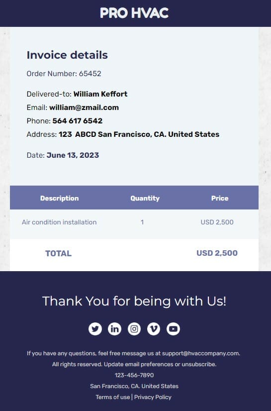 HVAC email invoice template 