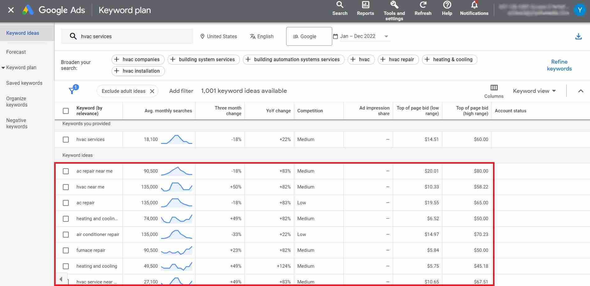 Keyword ideas related to HVAC services on Google Ads Keyword Planner