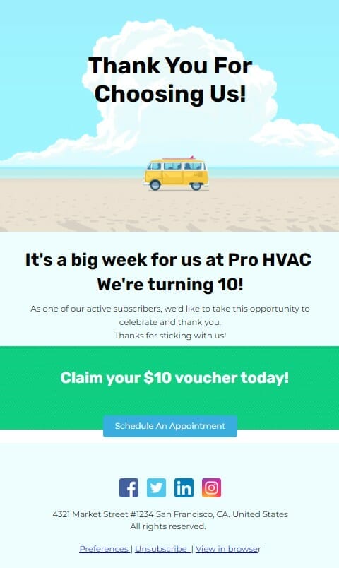 HVAC milestone email template from Unlayer