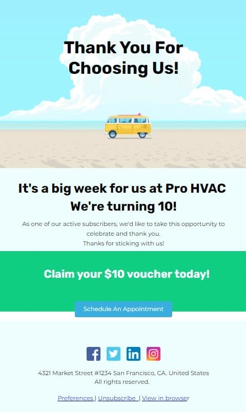HVAC milestone email template from Unlayer