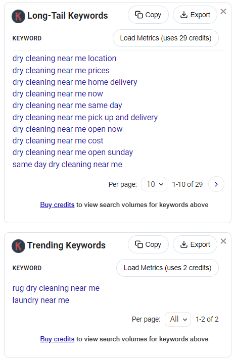 Long tail keyword suggestions for dry cleaning services