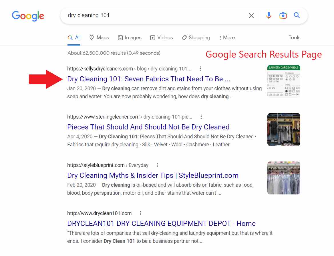 Search results page for the keyword dry cleaning 101