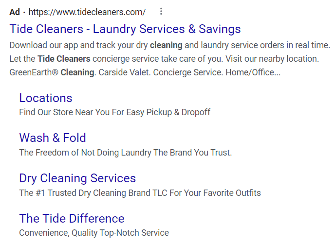 Dry cleaning company using sitelink extensions on their ad campaign