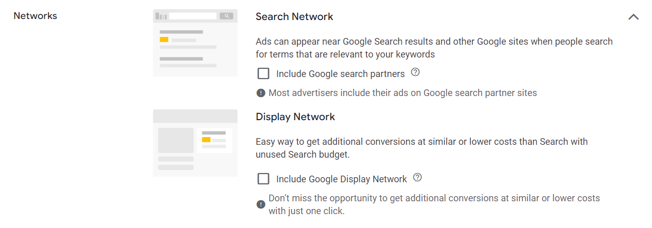 Uncheck display and search network