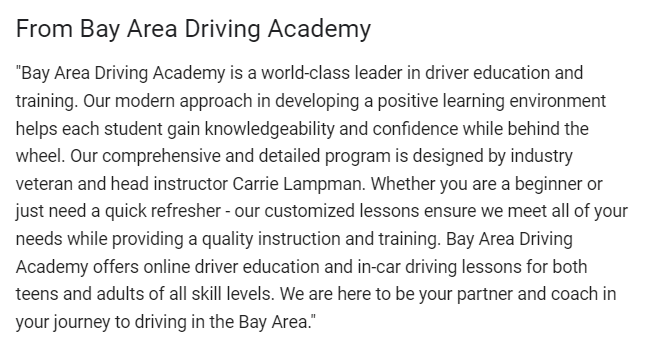 Business description of a driving school