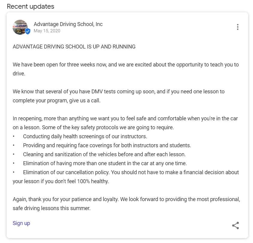 Driving school update about business changes due to Covid-19