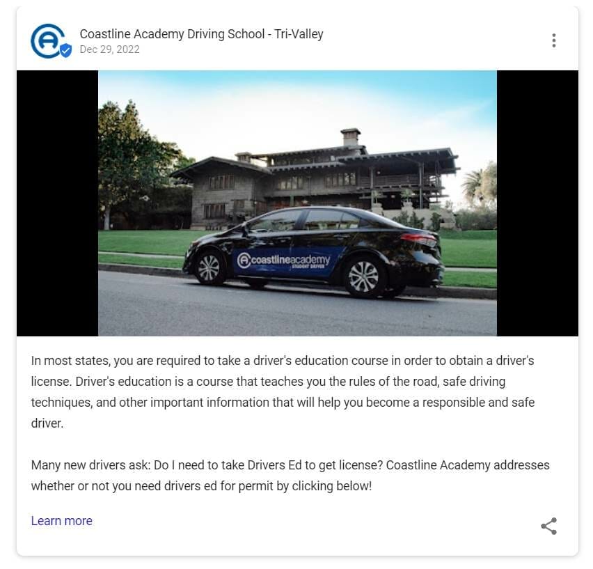 Google Post from a driving school profile about the importance of driver's education