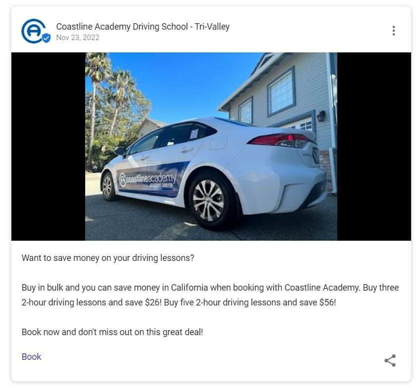 Google Post about a driving lesson promo