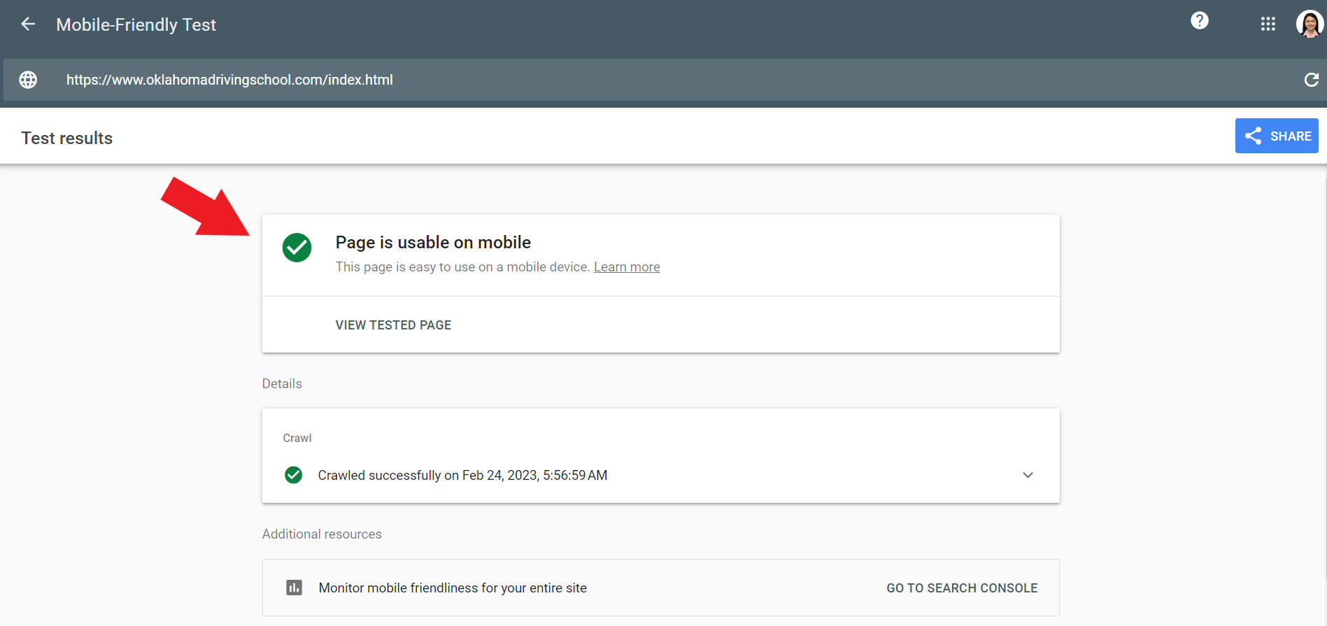 Driving school website mobile-friendly test result