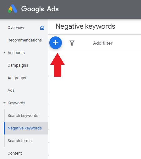 Add button for negative keywords