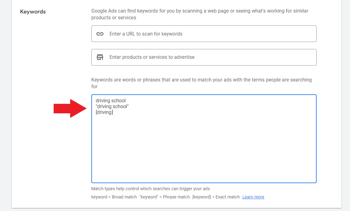 Driving school target keywords