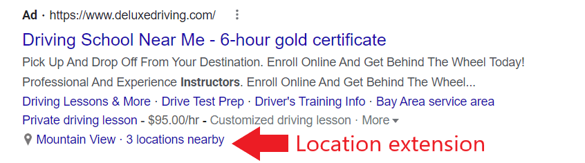Driving school ad with a location extension
