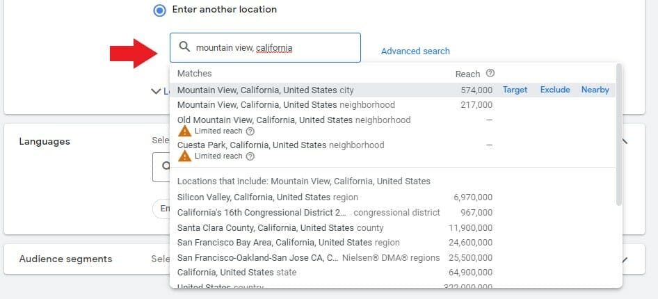 Selecting Google Ads target location