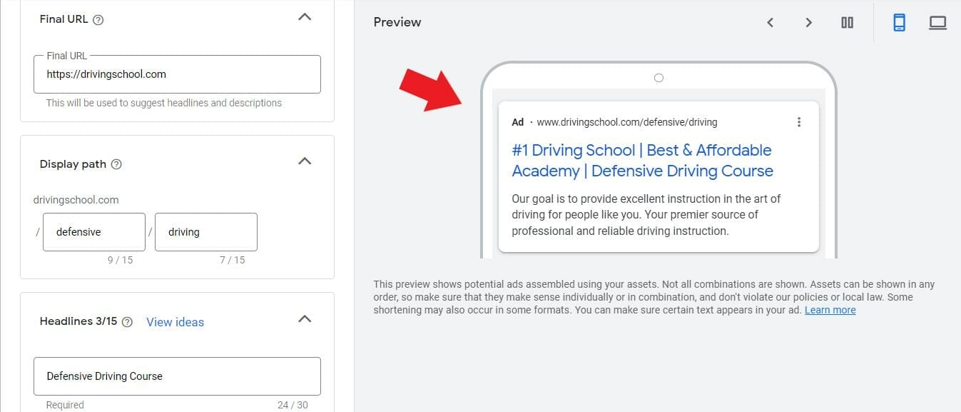 Driving school ad preview