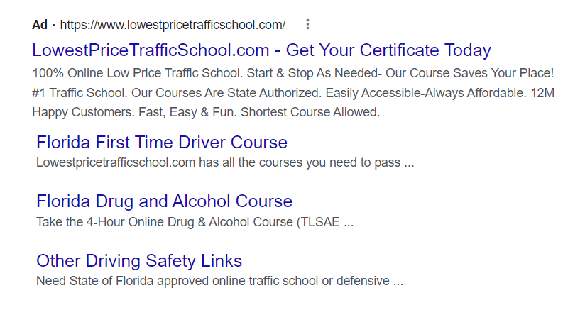 Driving school ad with sitelink extensions