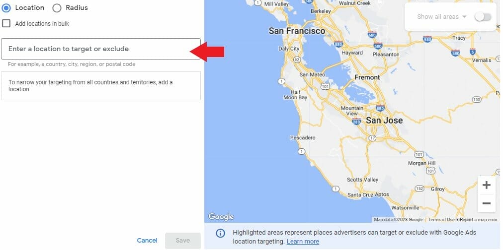 Enter the exact location that you want to target or exclude