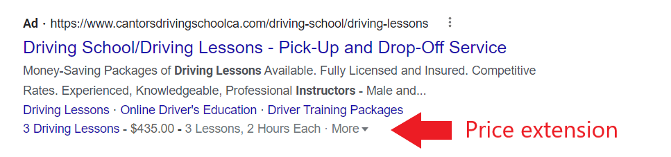 Driving school ad with a price extension