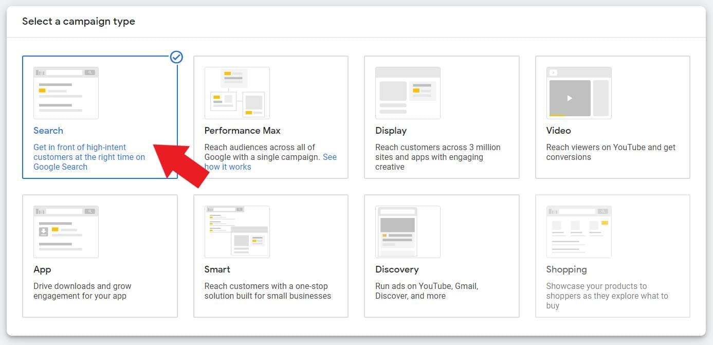 Select "Search" for the campaign type