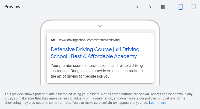 Mobile preview of driving school ad