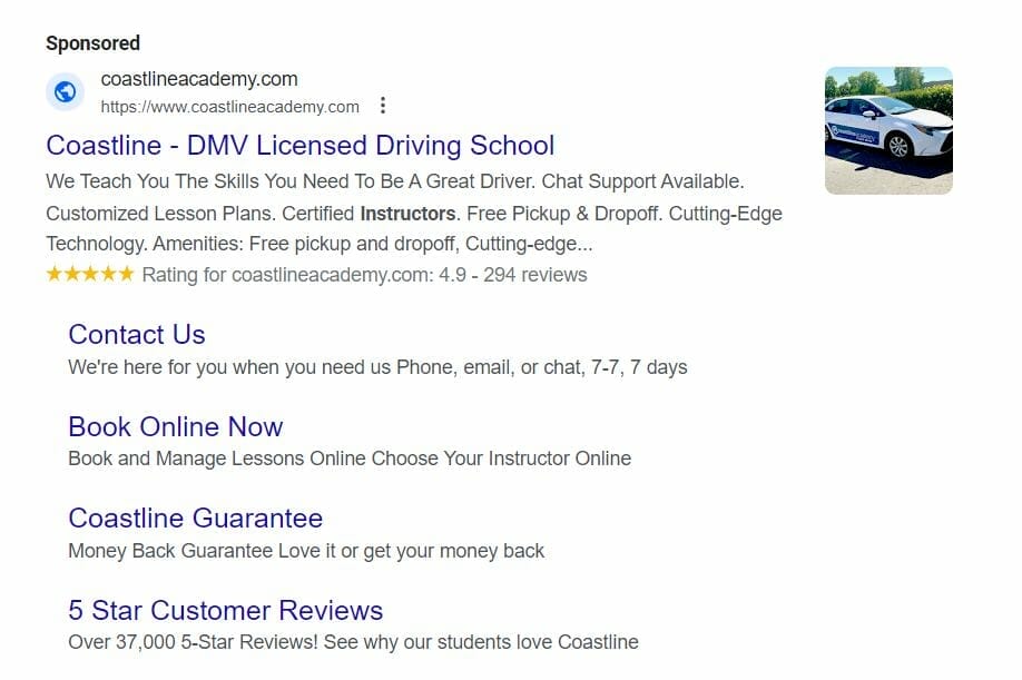 Driving school ad based on Google's Search Results Page