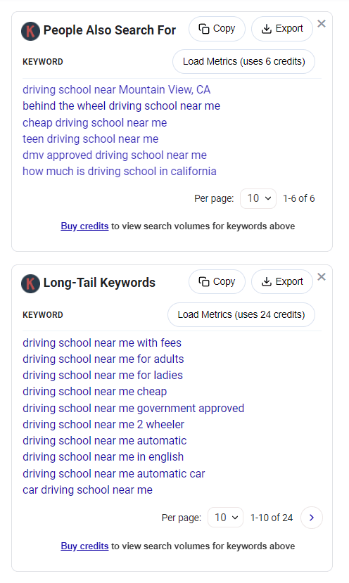 Long tail keywords for driving school 