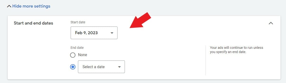 Set the start and end date of driving school ad