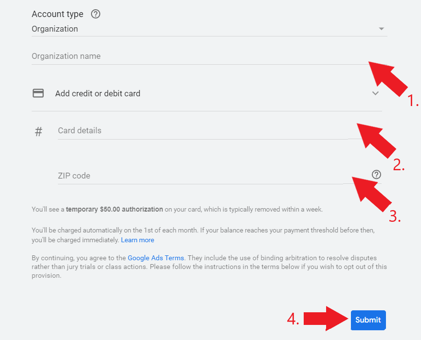 Adding account details for tree removal ad campaign