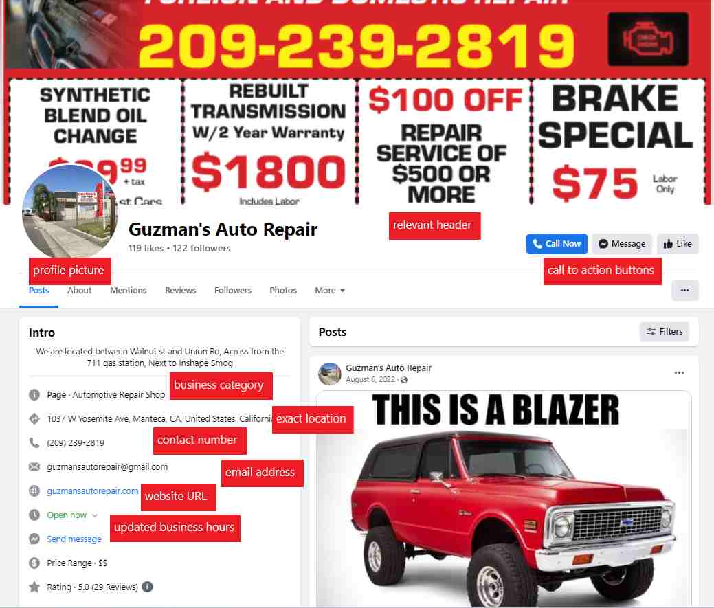 Facebook page of an auto repair shop