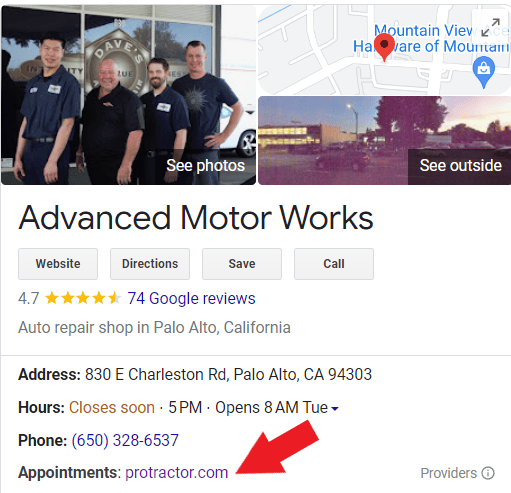 Auto repair shop GMB listing with appointment URL