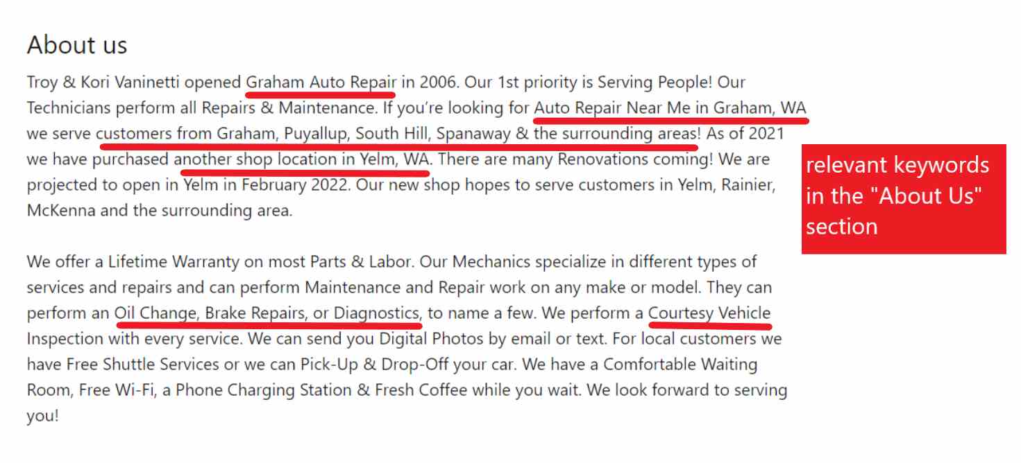 About Us section of an auto repair shop's LinkedIn page