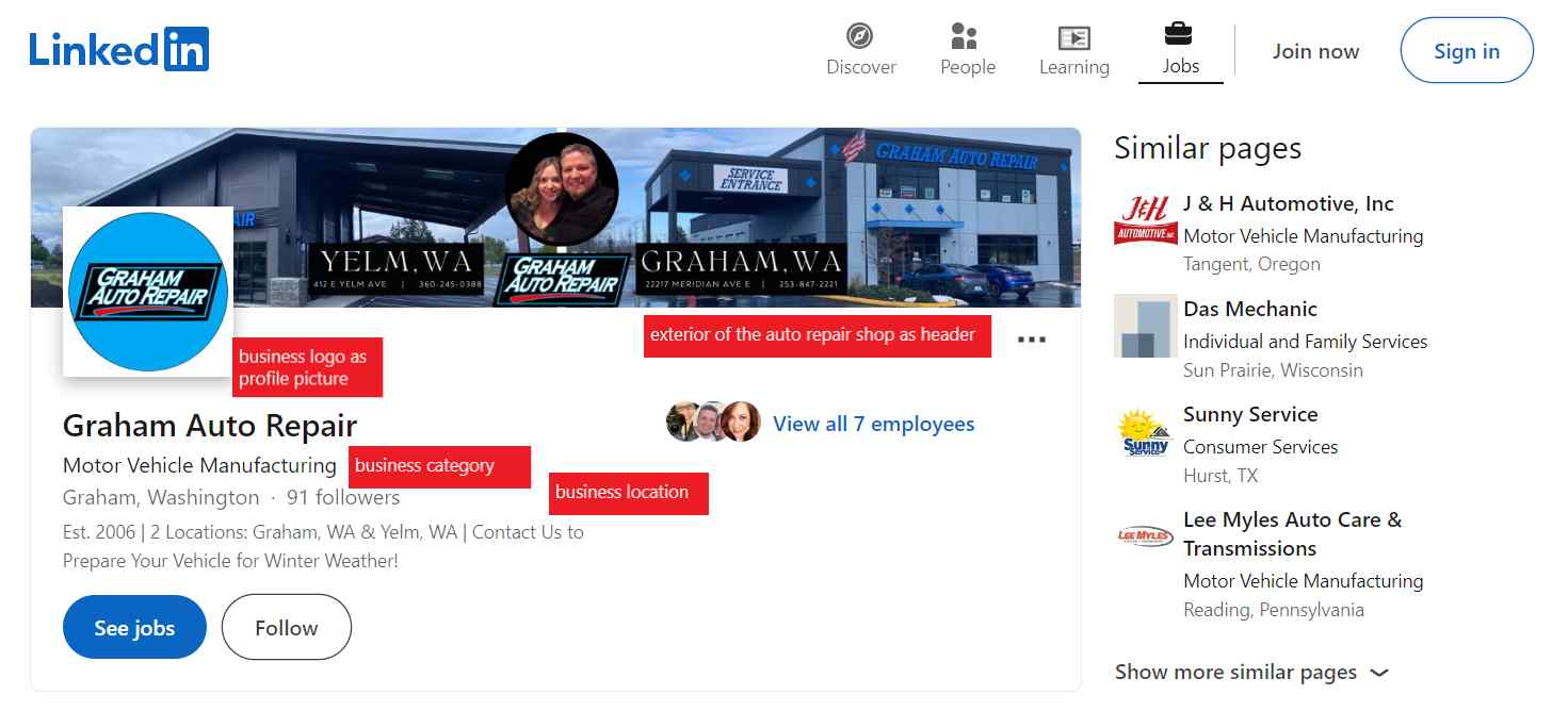 LinkedIn page of an auto repair shop