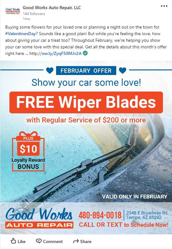 Promotional post from an auto repair shop on LinkedIn