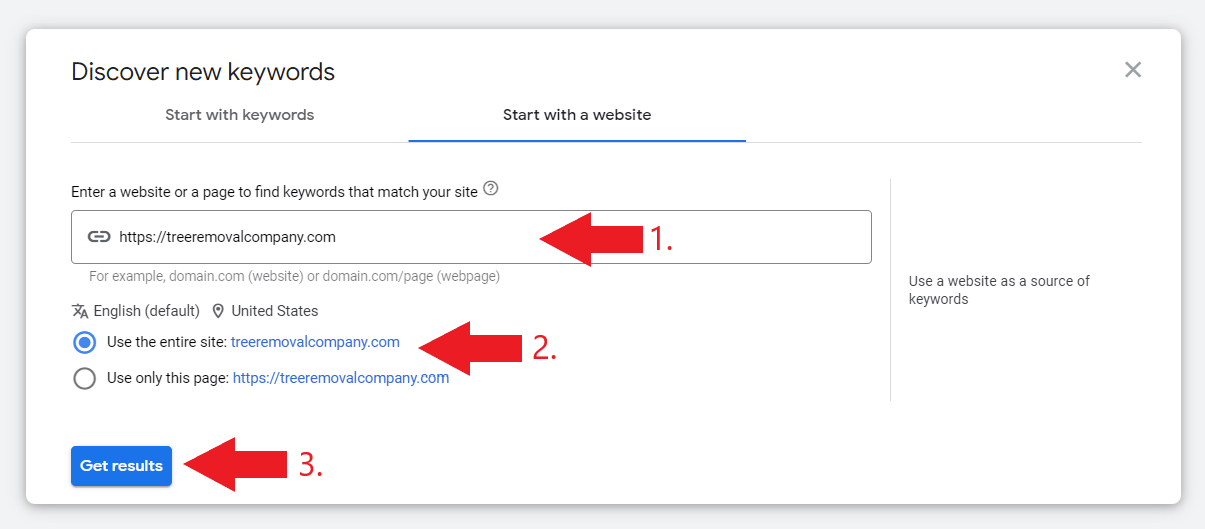 Tree removal keyword suggestions using website