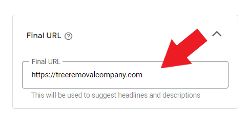 Enter final URL for tree removal ad copy