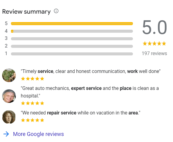 5 star reviews from auto repair shop customers