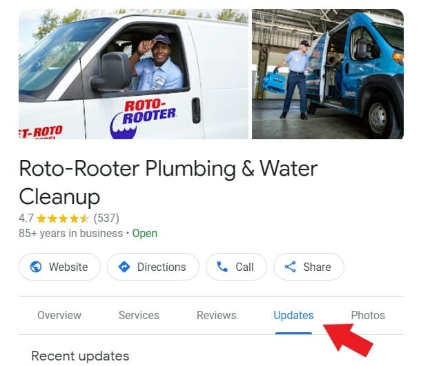 Updates section of a plumbing company's Business profile