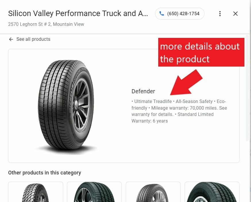 More details about the listed product on an auto repair shop's Business listing