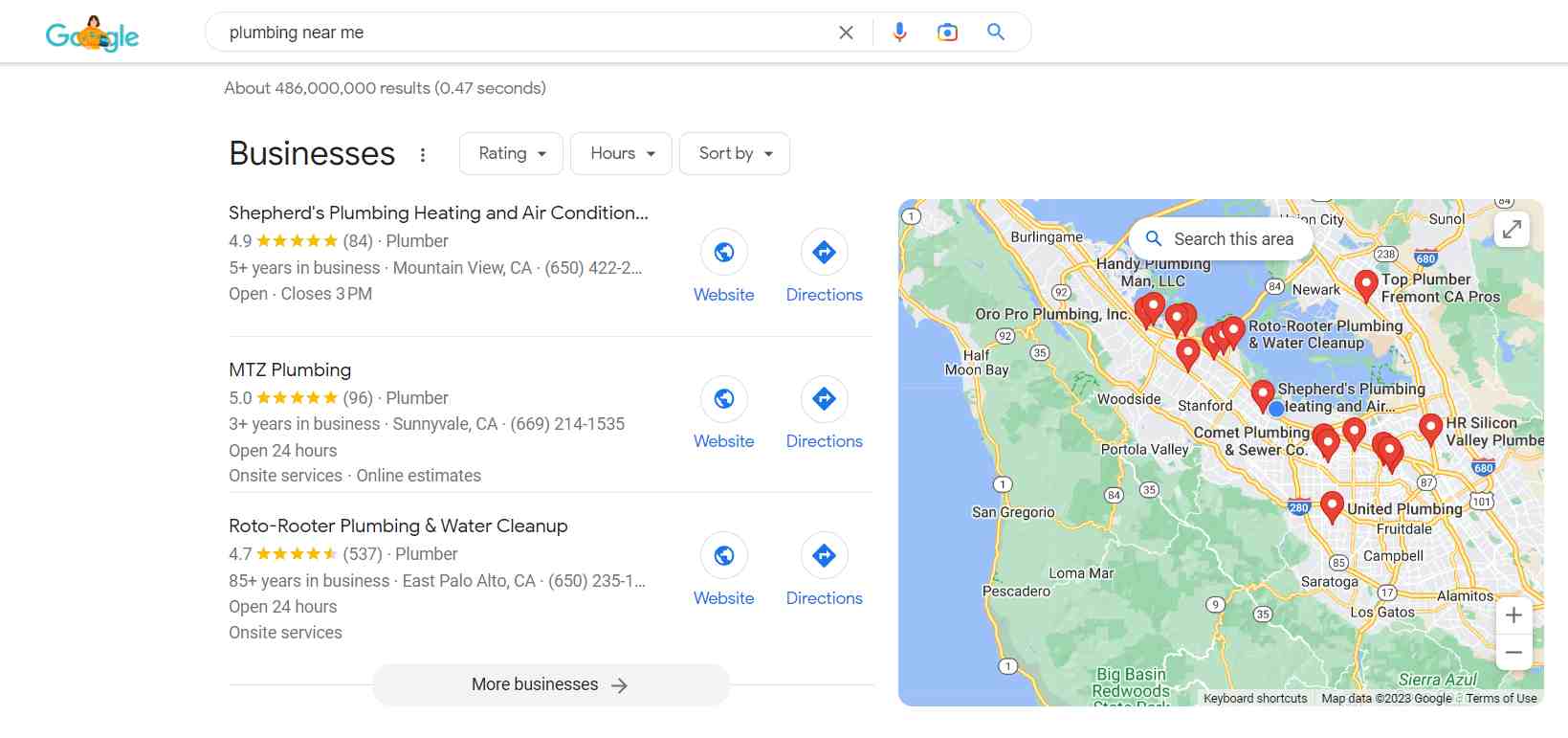 Google My Business listing for plumbers near me