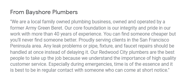 Business description of a plumbing company