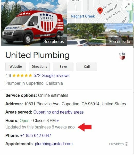 Updated Google My Business profile of a plumbing company