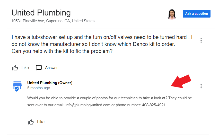 Plumbing business owner responding to a question from a potential customer