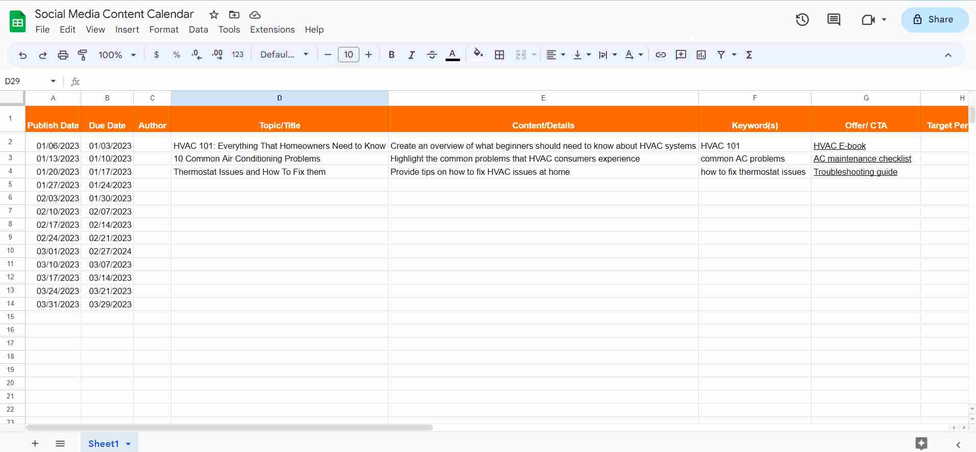 Google Sheet template of content for HVAC companies