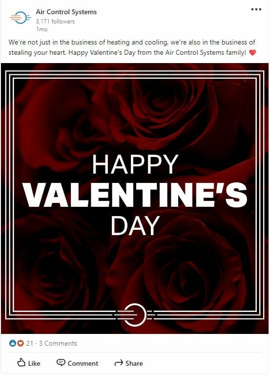 Valentine's day post from an HVAC company on LinkedIn