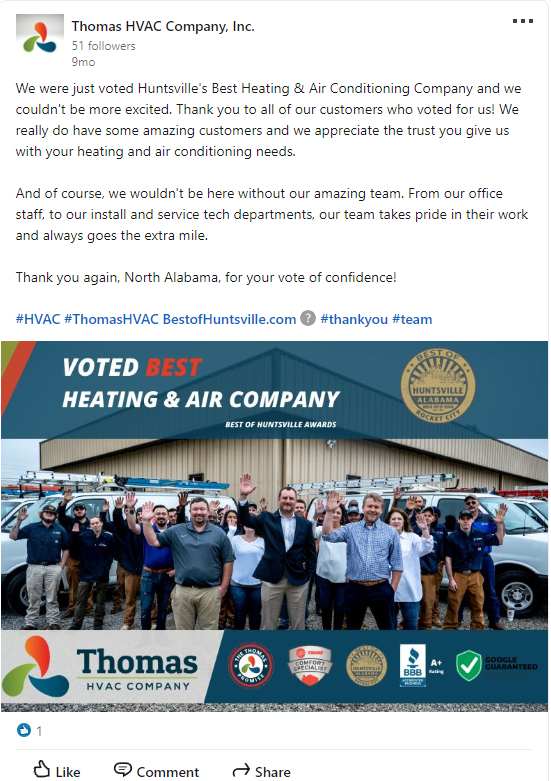 HVAC company sharing their milestone on LinkedIn