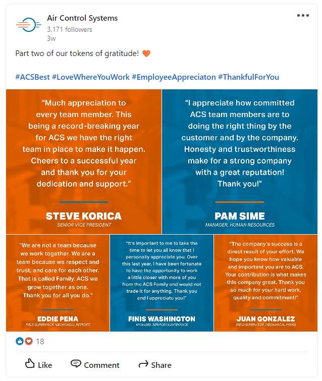 LinkedIn post about HVAC customer reviews 