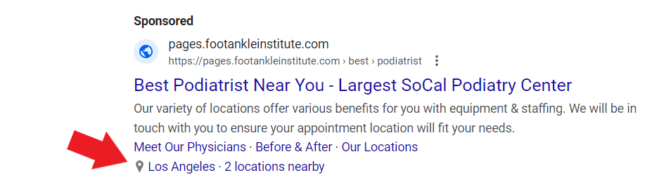 Podiatrist ad using a location extension